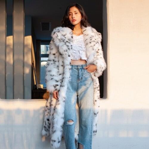New White Leopard Printing Double Faced Fur Women Coat Long Lapel Street Fashion Winter Warm Faux Fox Fur Coat Female Y739