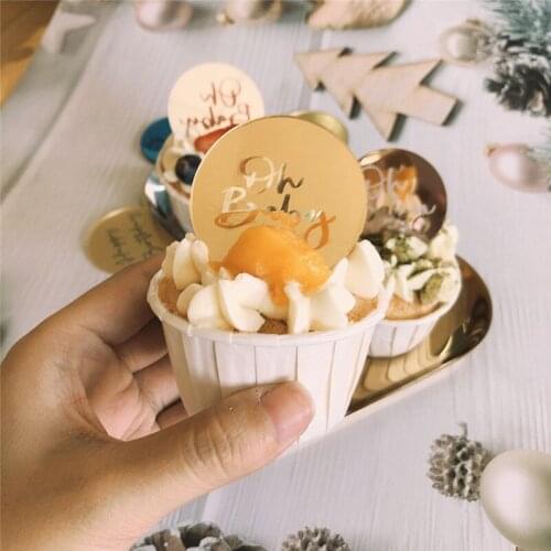 10pcs 5cm Round Acrylic Happy Birthday/Oh Baby Cake Decorations ToolsCakecup Topper for Baby Shower Birthday Dessert Table Decor