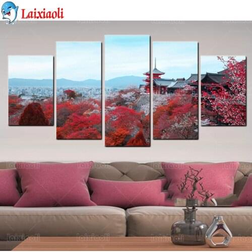 5Pcs Mount Fuji Temple,Diamond embroidery crystal 5D diamond painting japan Flower view DIY full square round drill Mosaic Decor