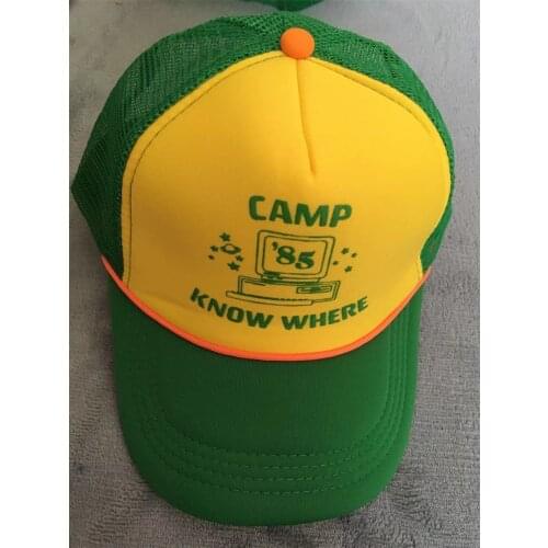 Stranger Things 3 Dustin Baseball Hat Retro Mesh Trucker Adult "Camp Know Where" Green Yellow Cap Blue Cosplay