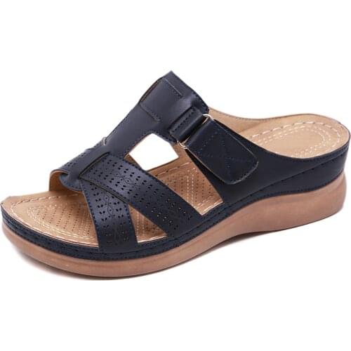 2021 Summer Women Premium Orthopedic Open Toe Sandals Vintage Anti-slip Breathable Leather Casual Female Platform Retro Shoes