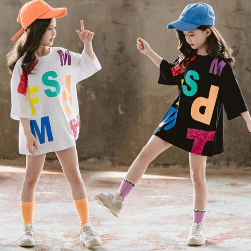 2021 Children Letter Long T-Shirts Summer Tops Short Sleeve Clothing Kids Tees Dress for Girls 8 12 11 13 Years Clothing Teenage