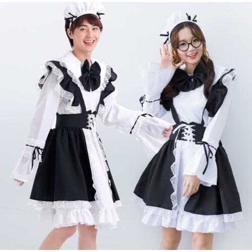 Lolita Cosplay Costumes Couple Black White Anime Housemaid Chambermaid Dress Halloween Carnival Costumes 3PCS Set