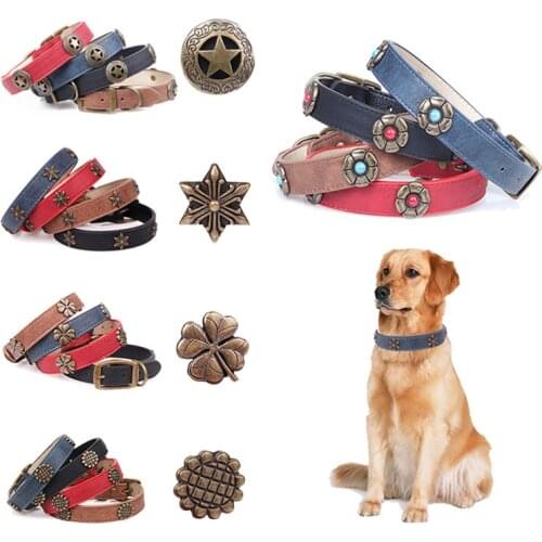 Large Dog Leather Collars or Medium Dogs Adjustment Range 14 to 21.5-Inch Black Red Blue Brown Four Color Pet Collars