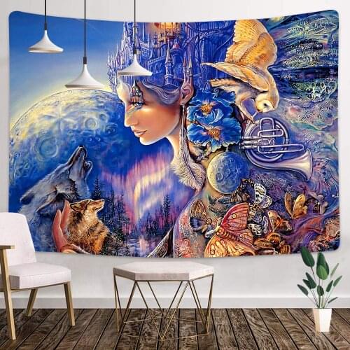 Beautiful Girl Fairy Tales,Wolf,Planet Tapestry Art Decor for Living Room Dorm Background