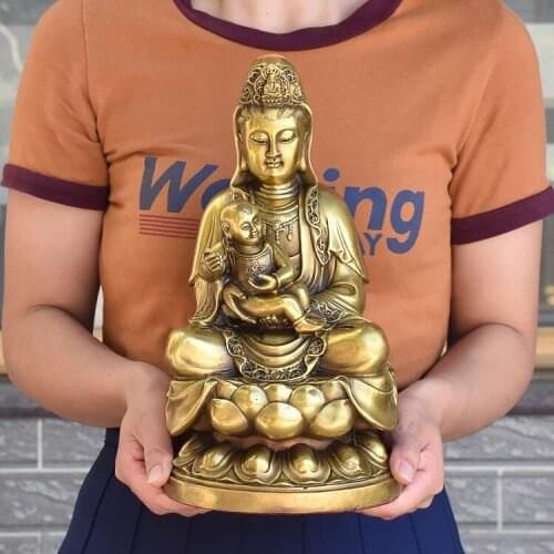 TOP GOOD PRAY FOR A SON CHILDREN HOME MASCOT PROPITIOUS SONGZI GUANYIN BUDDHA FENG SHUI BRASS SCULPTURE STATUE
