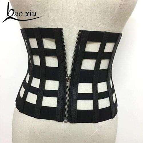 Fashion Punk women slim corset zipper black faux leather retro design hollow elastic waist strap wide Belt female