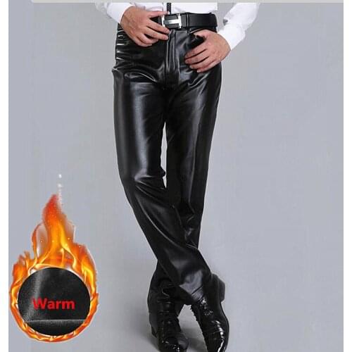 Big Size 40 42 Winter Mens Warm Leather Pants Thicken Fleece PU Motorcycle Pants Waterproof Windproof Casual Trousers for Men