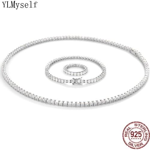 Solid 925 Sterling Silver Tennis Necklace(41-55CM, 16-22 Inch) Bracelet(15-21CM) Ring Set With Shiny 3mm Zircon Jewelry sets