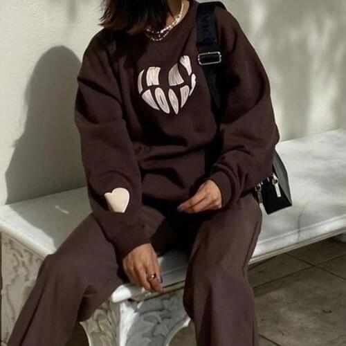 Autumn and Winter New Hipster Street Loose Long Sleeve Casual Wear Love Print Round Collared Hoodie Brown Jacket