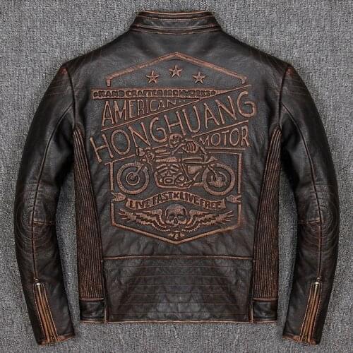 2021 New High-Quality Mens Cowhide Vintage Old Leather Jacket Genuine Leather Autumn and Winter Slim Motorcycle Jacket Coat