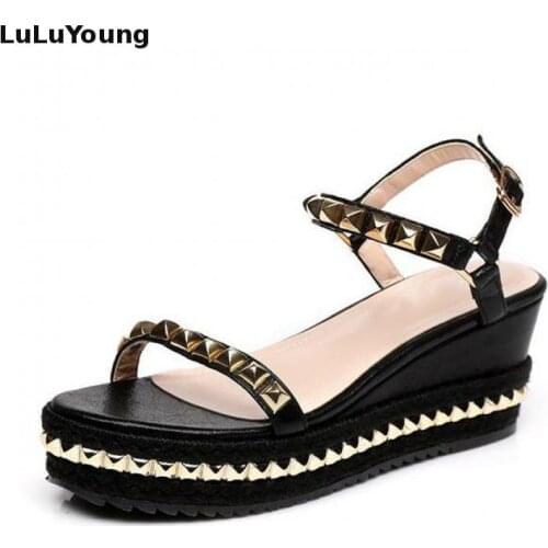 New Summer Womens Shoes High Heel Wedges Sandal Rivets Wedge Sandals Female