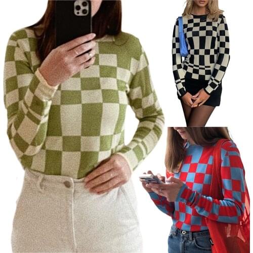 Hirigin New Fashion Womens Crew Neck Tops Casual Long Sleeve Checkerboard Print Loose Fit Knit Slim Base Blouse