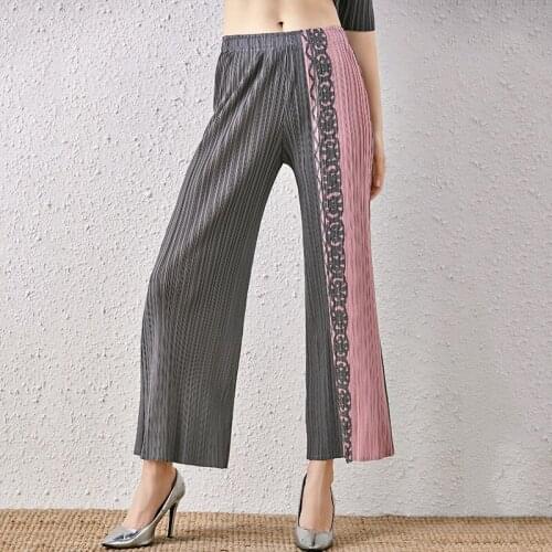 Miyake pleated mid-waist straight wide-leg pants 2021 autumn womens loose casual printed long pants