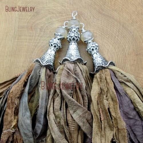 Fallen Leaf Sari Silk Tassel Pendant Antique Bronze Cap and Matte Crystal Accent PM9121