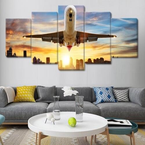 Poster 5 Panel Canvas Painting Take-Off Big Airliner City Sky Landscape Nordic Living Room Home Decoration Wall Art Modularity