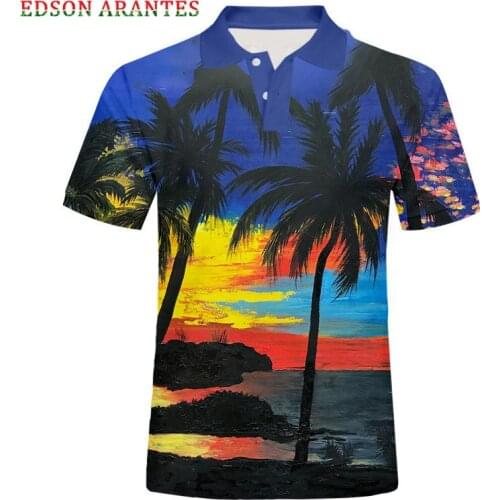 New polo shirt Men Colorful oil painting Polo Shirts 3D Beach coconut tree Short Sleeve Tops Tees Male Casual Clothing polo 6XL