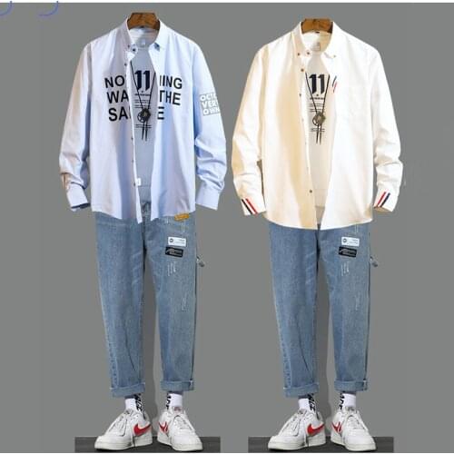 Full-Sleeved Shirt Trousers 2-Piece Set 2021 Spring Fall New Fashion Korean Trend Set With Two-Piece Men’s Casual Suits s703