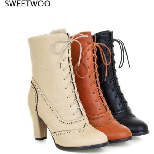 Women Boots Sexy Lace-up Boots Ladies Classic Pointed Leather Lace-Up High-Heeled Boots Middle Tube Boots Square Heel Shoes