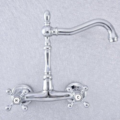 Silver Color Polished Chrome Brass Wall Mounted Bathroom Kitchen Sink Faucet Swivel Spout Mixer Tap Dual Cross Handles msf779