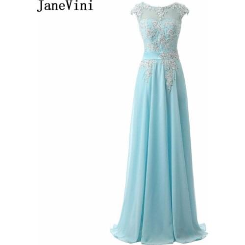 JaneVini Elegant Sky Blue Chiffon Long Bridesmaid Dresses A-Line Lace Applique Sequins Backless Floor Length Wedding Guest Dress