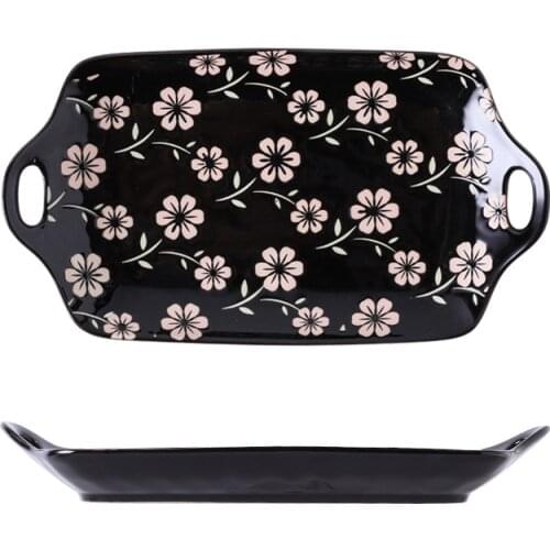 Dark green underglaze binaural fish dish Japanese rectangular baking tray deep dish creative household ceramic tableware