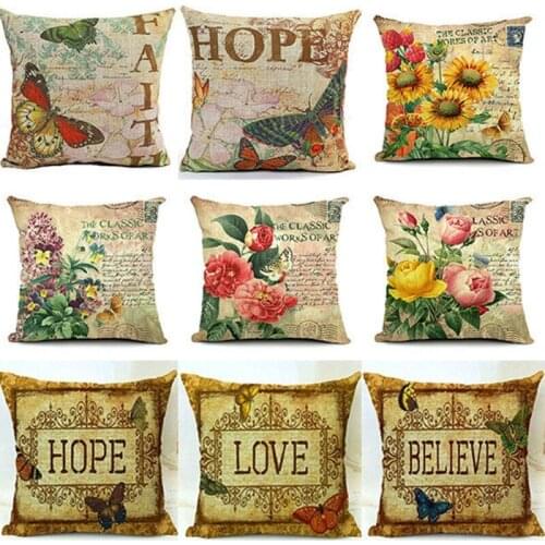 Vintage Butterfly & Flower Home Cotton Linen Pillowcase Cushion CaseSoft Room Gift Single Sides Printing