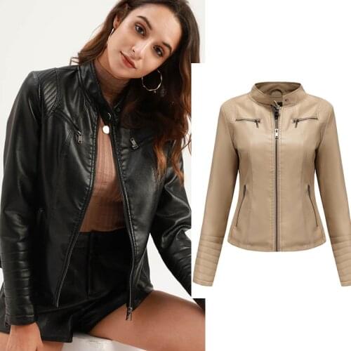 2021 Fall PU Mandarin Collar Slim Regular Solid Zipper Casual Women Leather Jacket