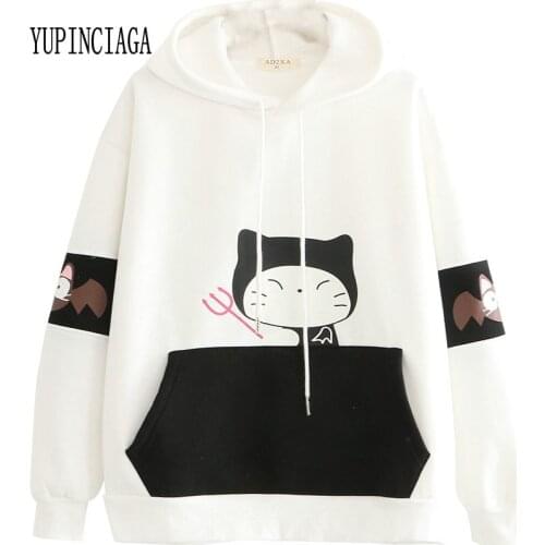 YUPINCIAGA Little devil embroidered hooded plus velvet warm student cartoon Long Sleeve Pullovers Women Hoodies Crop Sweatshirt