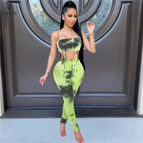 VAZN 2021 New Spaghetti Strap Sleeveless Jumpsuits Hollow Out Cross Bandage Open Women High Waist Skinny Pencil Jumpsuits