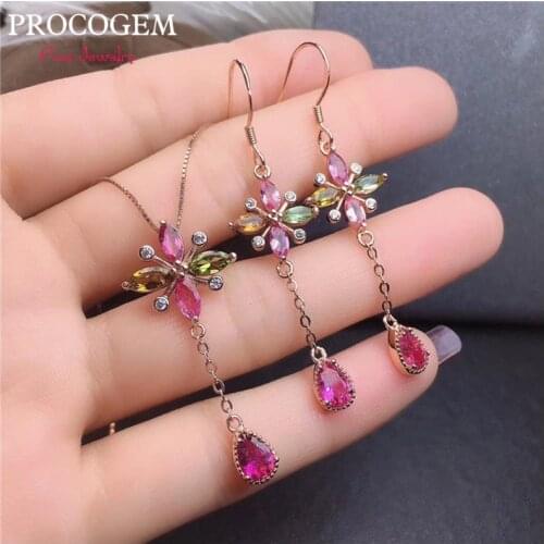 5A Natural Tourmaline set for women Party Wedding Necklace Ring Earrings Fine Jewelry Sets Genuine Gemstones 925 Sterling Silver
