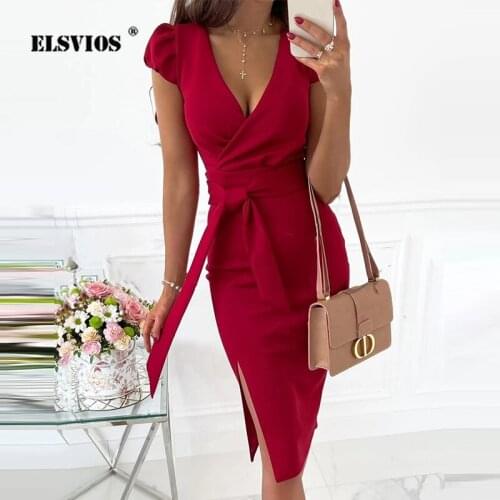 Solid Fashion V-Neck Belt Dress Summer Elegant Lady Puff Sleeve Midi Casual Zipper Hip Dresses Womens Party Sexy Split Vestidos