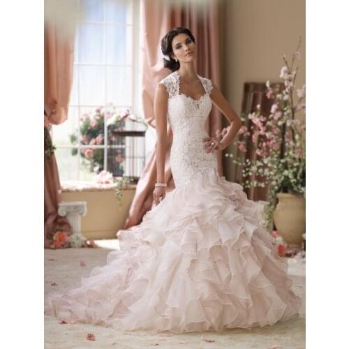 Luxury Cap Sleeves See Through Wedding Dresses Ruffled Organza Mermaid Bridal Gowns 2016 New Fashion