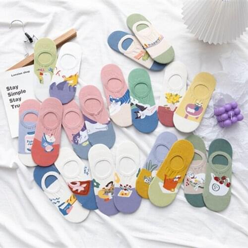 10 Pairs Socks For Women 2021 New Japanese Spring Summer Cute Cartoon AB Style Story Low Cut Antislip Invisible Lady Ship Socks