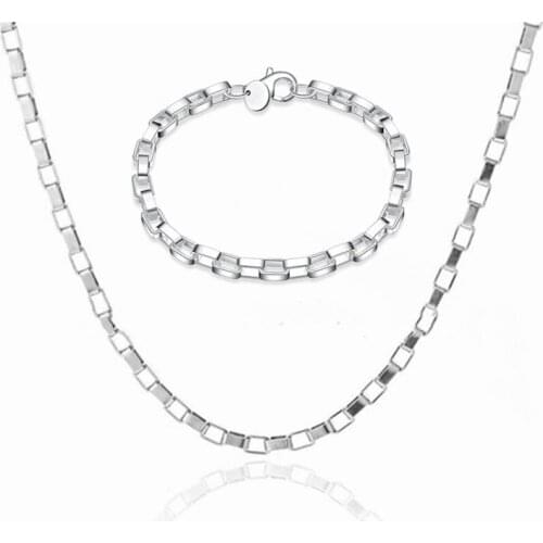 2Pcs/Set Necklace Bracelet Jewelry Set Hip-Hop Box Chain Necklace 20inch Long Necklace Men Women Jewelry Set