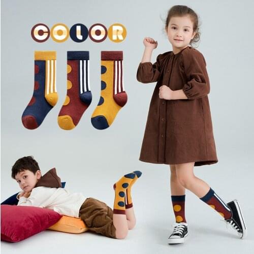 3 Pair/lot Kids socks cotton made Girls Boys Mid Socks Creative Dots Stripe pattern for Spring and Autumn Student Socks
