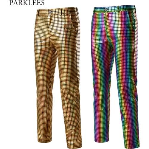 Shiny Gold Sequin Plaid Trousers Men Disco Nightclub Stage Prom Bling Pants Male Christmas Party Studio Dancer Singer Costume 3X
