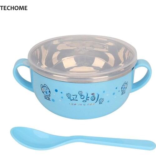 Stainless Steel Baby Dishes Bowl Spoon Set Portable Childrens Tableware Insulation Anti-hot Rice Soup Double Handle Bowls