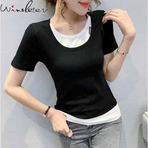 Summer European Clothes Cotton T-Shirt Fashion Sexy Fake Two Pieces Black White O-Neck Women Tops Short Sleeve Tees 2021 T15238A