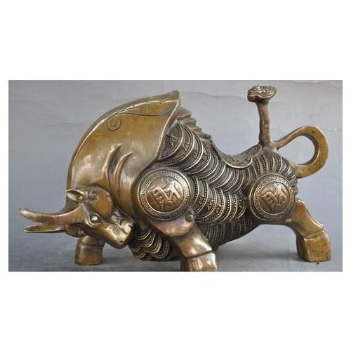 Bir 006102 Chinese Fengshui Lucky Bronze Zodiac Year Animal Bull Oxen Ox Wealth Coin Statue (C0324)