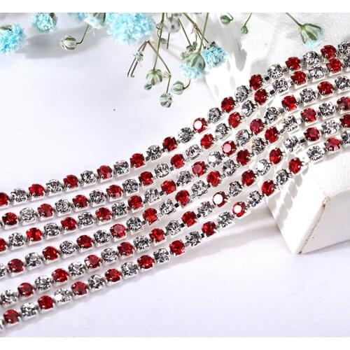 Hot ! 1M Sewing Crystal/Red Mix Rhinestone Chain SS6 SS8 Silver Base Claw Gule on Rhinestone Trim Chain DIY Craft Accessories