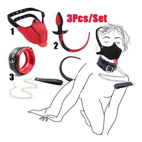Pet Role Play Party Mask BDSM Slave Bondage Muzzle Mouth Gag ,Neck Collar With Leash,Puppy Play Dog Tail Anal Plug Sex Toy Set