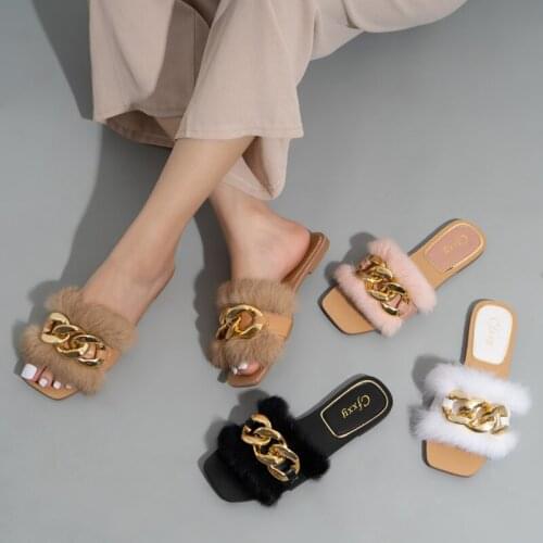 Fur Metal chain design High Quality Ladies Slippers,Square Toe Comfortable Flat Ladies Slippers plus size 42 black pink slippers