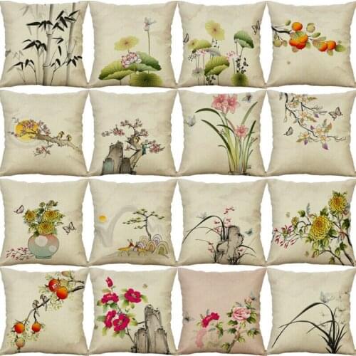 Chinese Style Painting Pillow Case Cotton Linen Cushion Cover Throw Home Decor
