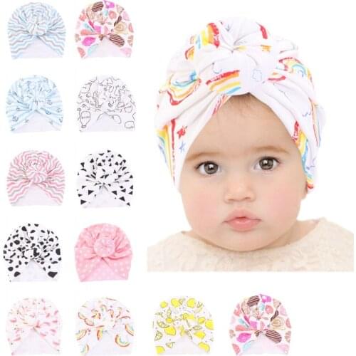 New Baby Girls Cotton Turban Soft Bowknot Headband Kids Cute Print Headwrap Gift Newborn Toddler Hair Cover Hat 11 Colors