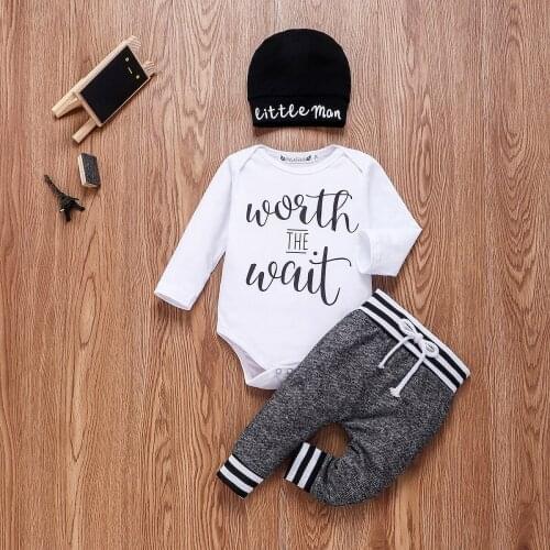 Pudcoco Autumn Newborn Baby Boy Clothes Letter Print Long Sleeve Romper Tops Long Pants Hat 3Pcs Outfits Clothes