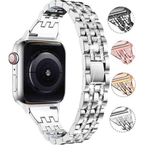 Apply to apple smart watch with steel belt diamond-encrusted bracelet five bead two rows of stainless steel metal strap