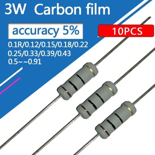 10pcs/lot 3W Carbon film resistor Four color circle 0.43R 0.47R 0.5R 0.68R 0.75R 0.82R 0.91R 0.33R 3W resistance