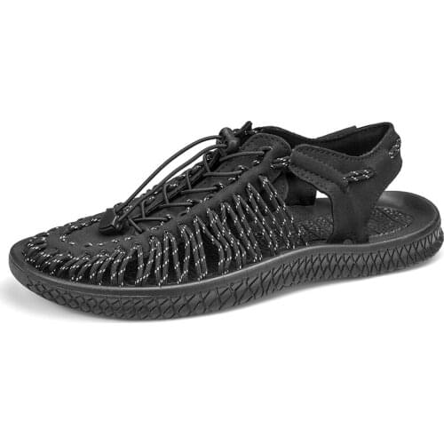 Mens Summer Hand Woven Hollow Soft soled Casual Shoes Flat Bottomed Beach Shoes Anti Slip Wear Drawstring Sandals Black Grey