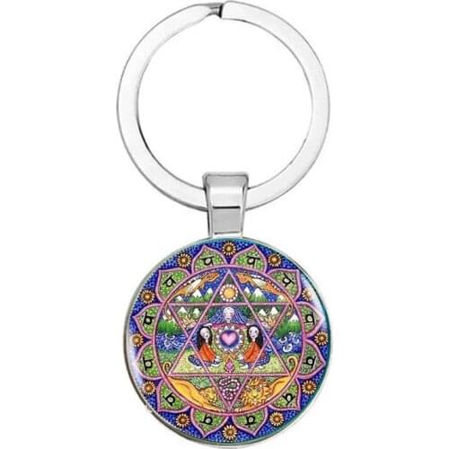 Mandala Glass Pendant. Mandala Stylish Keychain. Mandala Car Key Chain Jewelry, Birthday Gift Glass Cabochon Pendant, Silver Col